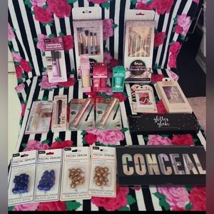 Makeup and Beauty Accessory Lot - Conceal Palette + Brushes + Serums